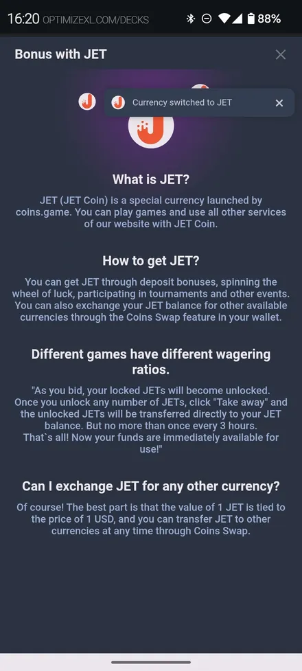 Coins.Game — JET bonus terms